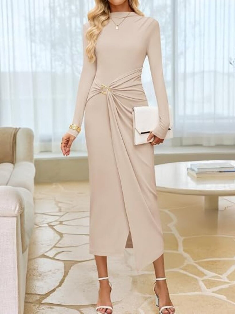 Womens Fall Long Sleeve Wedding Guest Midi Dresses